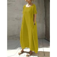 Women's Ice Silk Crew Neck Short Sleeve Loose Waist Midi Dress Summer Casual Vacation
