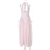 New solid color sexy deep V hollow halterneck temperament large swing skirt dress women's clothing