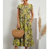 Women's Printed Cotton Linen Maxi Dress Casual Loose Summer Dress