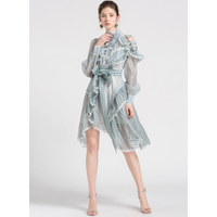Sheer striped ruffle mini dress with sash Nova