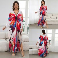 [Plus Size] Butterflyfeather Print Ruched Split Hem Tunic Dress, Valentine's Day Elegant Batwing Sleeve V Neck Long Dress for Summer, Casual Womenswear, Gift, Homecoming Dresses, Women's Clothes for Beach Holiday Vacation, Moo Moo Dresses