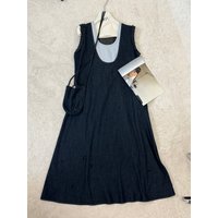 Women's Denim Fake Two-Piece Sleeveless U-Neck A-Line Midi Dress Ruffle Shoulder Detail with Free Mini Bag Dark Navy Blue Grey One Size