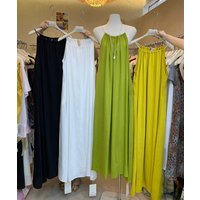 Solid Color Short Sleeve Drawstring Neck Loose Midi Dress Casual Oversized Summer Dress with Pockets