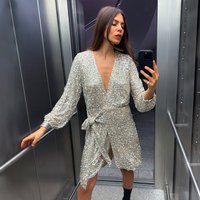 Women's Sequin Mini Vienna Wrap Dress in Silver, Size by Never Fully Dressed