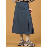 Cargo key ring slit pintuck long skirt [denim blue