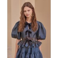peplum tiered ribbon silk blouse