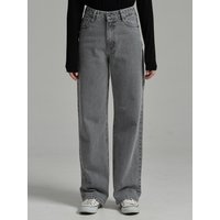 Unisex Semi-Wide High-Waisted Denim Pants [Dark Grey]