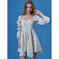 Shirred Flare Unbalanced Floral Mini Dress [LIGHT YELLOW]