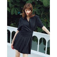 Pleats Detail Half Sleeved Wrap Dress _Black