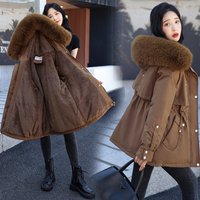 Women’s Slim-Fit Parka Coat With Raccoon Fur Trim Winter Fleece-Lined Jacket,Utility Pockets M-XX, KhakiBlackCreamCoffeeSky Blue​