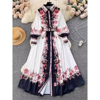 Women's Clothing color matching print slim long puff sleeve temperament dress spring dress
