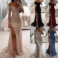 Women's Clothing Export Original Single Collar Sequin Slit Evening Dress Sexy Dress