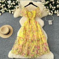Women's Clothing Tea Break Chiffon Dress Waist Temperament One Shoulder Puff Sleeve Mesh Skirt