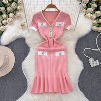 Women's Clothing V-Neck Fishtail Dress Women's Summer New Knitted Black Temperament Waist Slimming Design Skirt