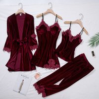 TOP Casual Velour Home Clothing pcs Sleep Set Intimate Lingerie Women Pajamas Suit Long Sleeve Lace Velvet Homewear Pyjamas Set