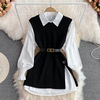 Women's Clothing Spring and Autumn Long Sleeved Suit for Women, White Shirt, Sweater, Vest, Age Reducing Loose Knitted Vest Shirt, Two Piece Suit