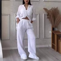 Elegant Women Linen Piece Set Long Sleeve Shirt Wide Leg Pants Plain Color Loungewear Fall Winter Two Piece Matching Outfits