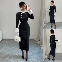 Women's Clothing Elegant Fall Winter Women's Knit Dress With Peplum Hem, Contrast Gold Buttons, Slim Fit, V-Neck, Flared Sleeves, Mid-Length, Black​​