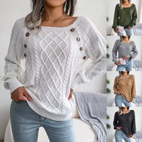 Women's Casual Square Neck Knit Pullover Sweater Button Twist Design Autumn Winter Independent Fashion Acrylic Regular Thickness