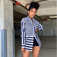 Women's Striped Printed Loose Shirt Skirt Fashion Blouse Casual Loose Fit High Waist A-Line Skirt Set