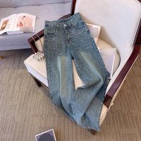 Glitter Rhinestone Wide-Leg Jeans For Women - Sparkly Blue Distressed Denim Palazzo Pants -X
