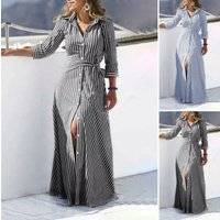 Women Striped Sundress Summer Elegant Long Shirt Dress Casual Lapel Neck Long Sleeve Work Vestidos Oversize Party Robe