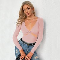 New Women's Sexy V-neck Hollow Fit Knitted Long Sleeve shirt Top Bottom