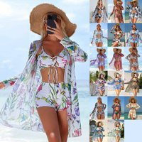 ​​"Women's -Piece Bikini Set With Cover-Up High-Waisted Boxer Briefs, Adjustable Bowknot Top, Breathable Polyester For Beach & Pool"​​