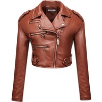 Women's Clothing women's leather jacket slim short style with cotton high waist long sleeve lapel oblique zipper leather pu jacket