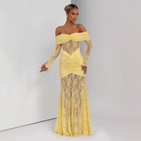 Women's Sexy Elegant Strapless Bodycon Dress Semi Sheer Long Sleeved Lace Maxi Skirt