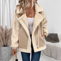 Women's Clothing Chic Oversized Faux Shearling Jacket Distressed Suede & Fleece Biker Coat Khaki, S-​