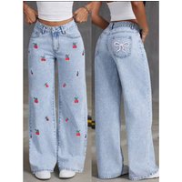 Retro Wide Leg Jeans Women Style High Waisted Cotton Palazzo Pants With Drag Hem Light Blue, Plus Size Available​