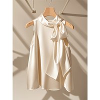Women's Clothing High End Chic Champagne White Satin Halter Neck Top Female Light Mature Niche Bow Sleeveless Shirt