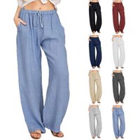 Women's Cotton Linen Pants Casual Loose Solid Elastic Waist Pocket Straight Trousers Ladies Oversize Wide Leg Pant Streetwear