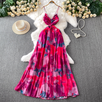 Women’s Clothing Beach Resort Style Beach Dress Feminine Design Twisted Gradient Print Waist Length Suspender Dress
