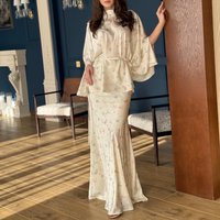 Women's Floral Print Batwing Sleeve Dress Set With Tie Waist Elegant Long Sleeve Tunic & Maxi Skirt Outfit, Polyester Spandex Blend, Wrinkle