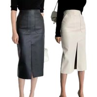 ​​"Women's Slim Fit Leather A-Line Skirt With High Slit, Autumn Fashion Staple, European & American Style, Versatile For Casual & Office Wear"​​
