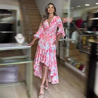 Women's Clothing V Neck Slim Fit Long Skirt Bubble Long Sleeve Irregular Ruffle Dress