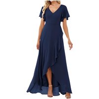 Women's Clothing Double V Neck Backless Chiffon Dress Solid Color Short Sleeved Long Dress Banquet Bridesmaid Evening Dress