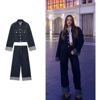 European And American Women's Clothing Hot Selling Denim Jacket Coat Flared Hem Pants Suit