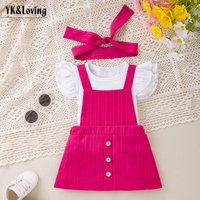Baby Girl -Piece Outfit Set Ribbed Sleeveless Top + Suspenders Dress + Hair Accessory Soft Polyester Romper A-Class Certified m-y
