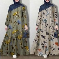 Women's Casual Muslim Clothes Spliced ​​Robe Large Size Women's Cotton Long Sleeve Floral Long Dress Women