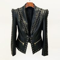 Women's Clothing fashion heavy eyelet rope slim leather suit jacket coat