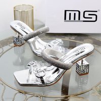 Aesthetic Gold High One Word Slipper Summer New Fashion Thick Irregular Metal High Heel External Wear Sandal