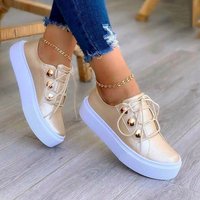 Women's Casual Shoes Leather Lace Up Ladies Sneakers Thick Soled Metal Decoration Breathable Female Flat Shoes XF