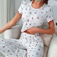 Pajamas Short-sleeved Trousers Set Women's Loungewear,Cherry Pattern Fungus Edge Front Button