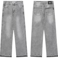 Unisex American Washed Light Grey Distressed Jeans - Straight Leg Raw Hem Denim Pants Polyester Blend, S-​