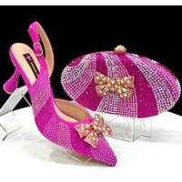 ​Elegant Pointed-Toe Rhinestone Sandals With Bow & Round Handbag Set Women’s Fashion Show Heels & Clutch For Parties & Special Occasions​