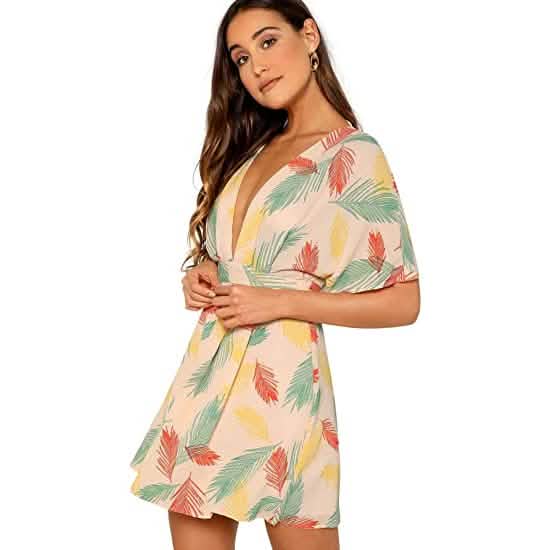 Women's Ditsy Floral Plunge Neck Knot Front A Line Short Dress -
