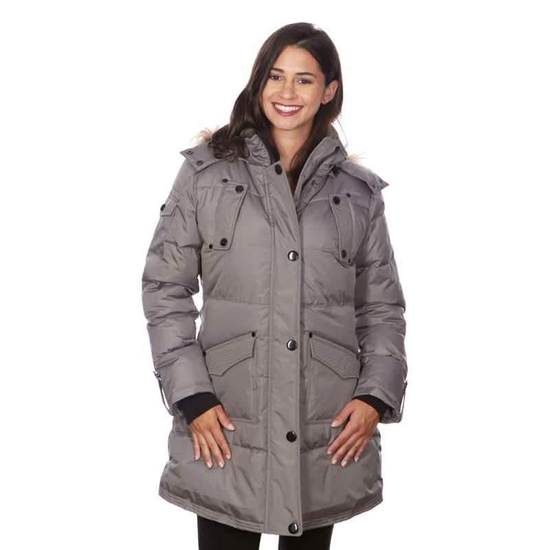 Women's Puffy Coat with Large Pockets and Faux Fur Hood - XX Gray